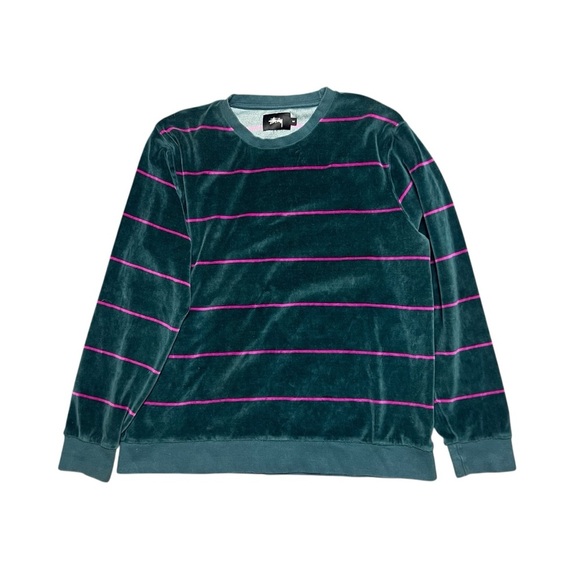Stussy Velour Crewneck Sweatshirt Stripe Green Pink M - Picture 1 of 7